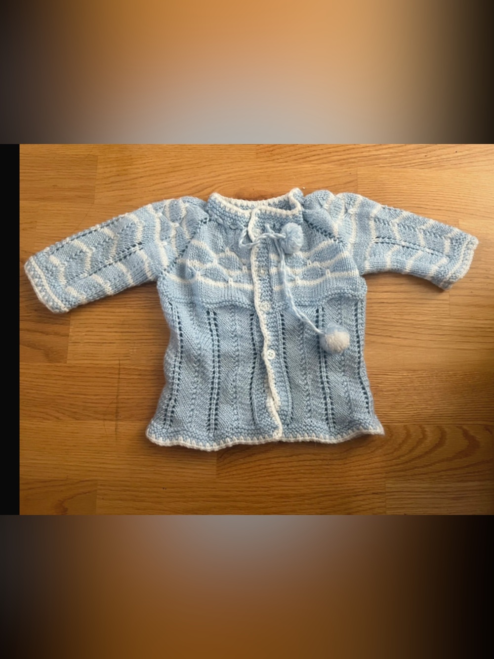 Light Blue Knit Baby Cardigan with Pom Tie